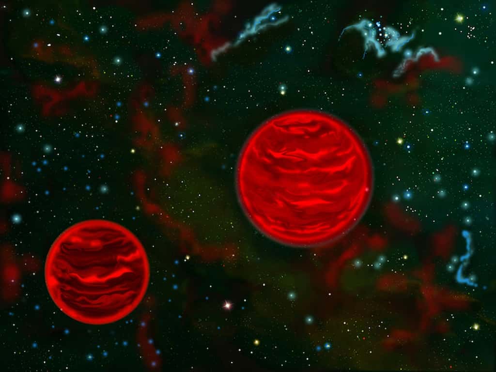 Les objets binaires flottants de masse Jupiter sont courants dans la nébuleuse d'Orion, bien que la cosmogonie stellaire et planétaire actuelle ne peut pas expliquer leur existence. Représentation artistique d'un de ces systèmes, non à l'échelle. © Gemini Observatory, Jon Lomberg