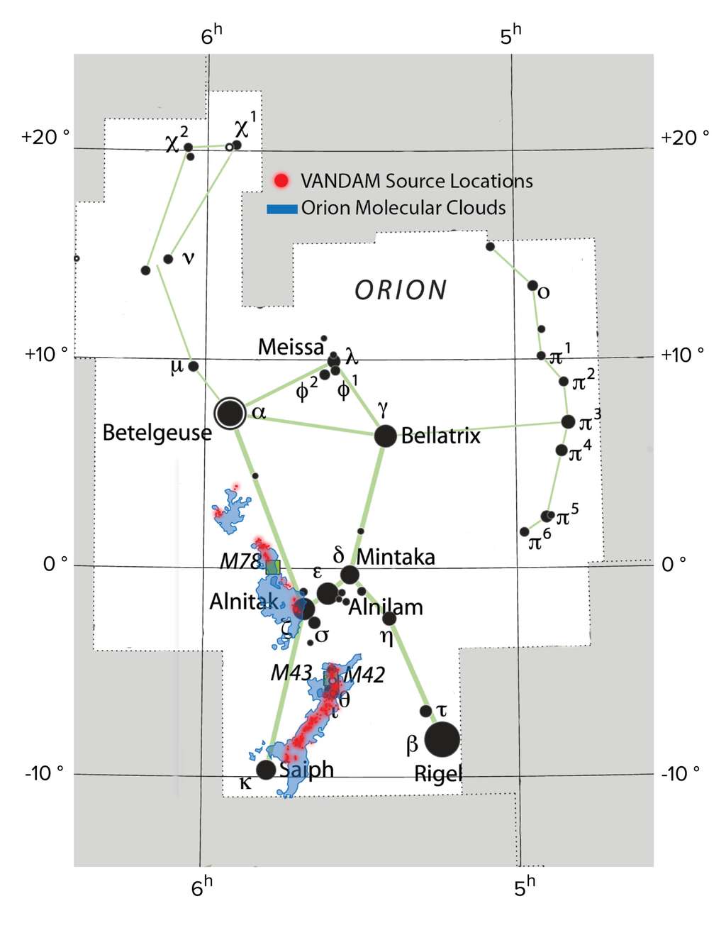 Les nuages moléculaires d'Orion (bleu, comme on le voit avec les images prises par la mission Herschel) sont situés dans la constellation d'Orion. Les points rouges indiquent les emplacements des proto-étoiles observées dans le relevé Vandam. © IAU ; Sky & Telescope magazine ; NRAO/AUI/NSF, S. Dagnello ; Herschel/ESA ; Alma (ESO/NAOJ/NRAO), J. Tobin