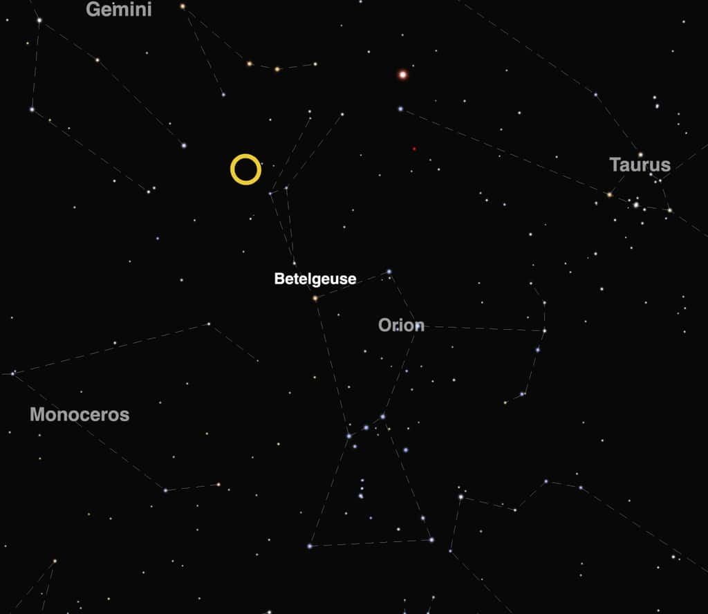 Le cercle jaune indique la position du radiant des Orionides. C''est dans cette direction qu'il faut regarder, près de la massue brandie par Orion. L'étoile Bételgeuse marque une épaule du Grand Chasseur. © timeanddate.com