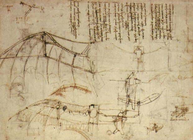 Le concept de l’ornithoptère ne date pas d’hier, puisque Leonardo di ser Piero, dit Leonardo da Vinci, en a esquissé un en 1488. © Wikimedia Commons, DP