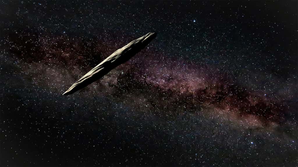 Vue d'artiste de l'astéroïde Oumuamua, le premier objet interstellaire découvert, à l’approche de notre Système solaire. © Gemini Observatory / AURA / NSF / Joy Pollard