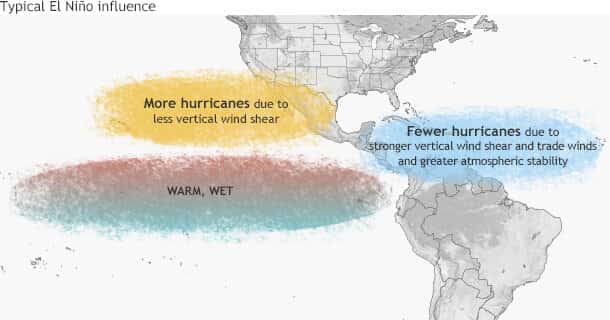 En orange à gauche, la zone où les cyclones sont plus fréquents en cas d'année El Niño, en bleu à droite, la zone où ils sont moins fréquents lors de la même phase. © Climate.gov, Gerry Bell