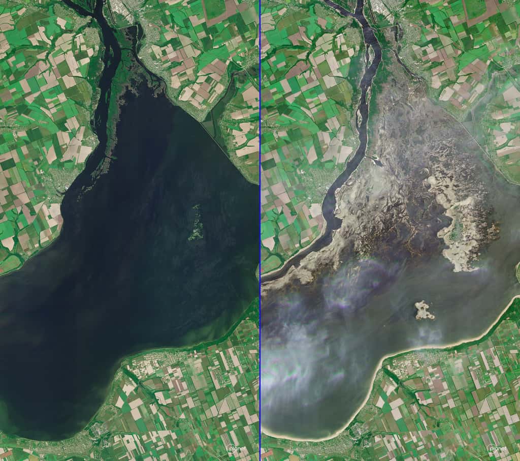 Jour après jour, le réservoir du barrage hydroélectrique de Kakhovka se vide. L'image de gauche a été acquise le 6 juin, et celle de droite le 9 juin. © Planet Labs, 2023