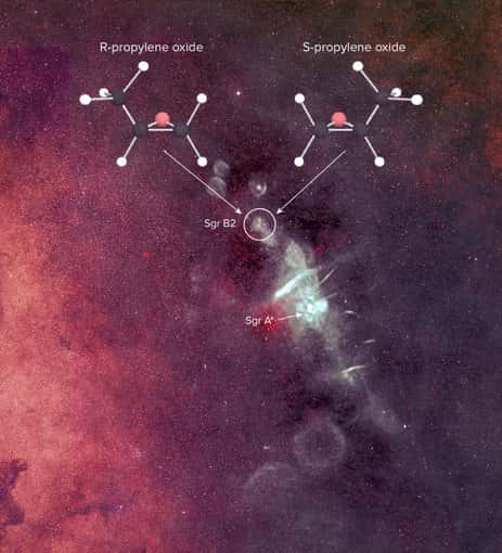 De l'oxyde de propylène a été trouvé dans Sagittarius B2, une région active de formation d'étoiles près du centre de notre Galaxie. © B. Saxton/NRAO/AUI/NSF/N. E. Kassim (<em>Naval research laboratory</em>), <em>Sloan Digittal Sky Survey</em>