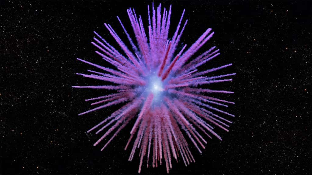 Vue d'artiste d'un reste de supernova, appelé Pa 30. Des restes d'une explosion de supernova observée depuis la Terre en 1181 : des filaments inhabituels de soufre dépassent d'une coquille poussiéreuse de matière éjectée. Les restes de l'étoile d'origine qui a explosé, maintenant une étoile gonflée et chaude qui pourrait refroidir pour devenir une naine blanche, sont visibles au centre du reste. Le <em>Keck Cosmic Web Imager</em> (KCWI) de l'observatoire W.M. Keck à Hawaï a cartographié les étranges filaments en 3D et montré qu'ils fuient vers l'extérieur à environ 1 000 kilomètres par seconde. © Observatoire W.M. Keck, Adam Makarenko