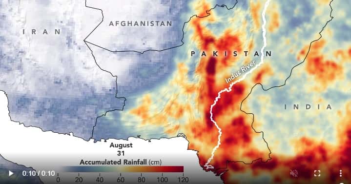 En rouge, les plus fortes accumulations de pluie sur le Pakistan et le nord de l'Inde. © Nasa