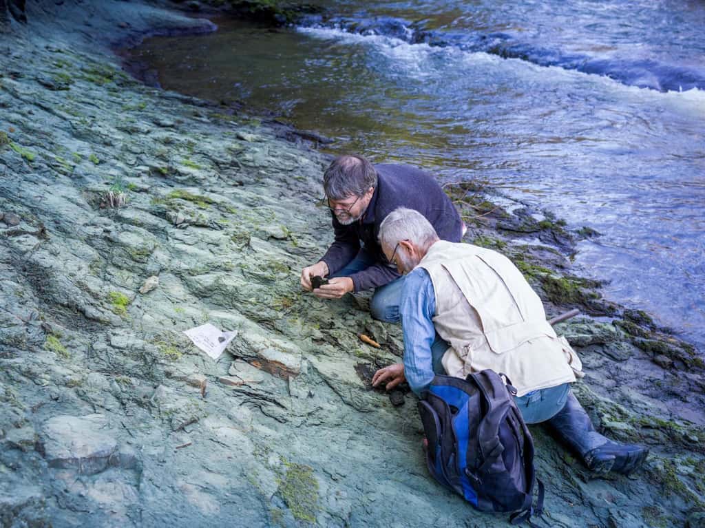 Le Dr Paul Scofield et le paléontologue amateur Leigh Love examinent une berge de la rivière Waipara, non loin du lieu où a été découvert <em>Protodontopteryx ruthae</em>. © Musée de Canterbbury