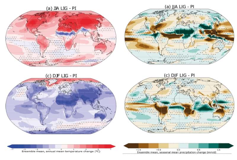 Résultats des modèles PMIP4-CMIP6 pour le dernier interglaciaire, il y a 127.000 ans : à gauche, température ; à droite, précipitations ; en haut , été ; en bas, hiver. Différences par rapport à l’époque pré-industrielle. On observe une forte saisonnalité du climat. © PMIP