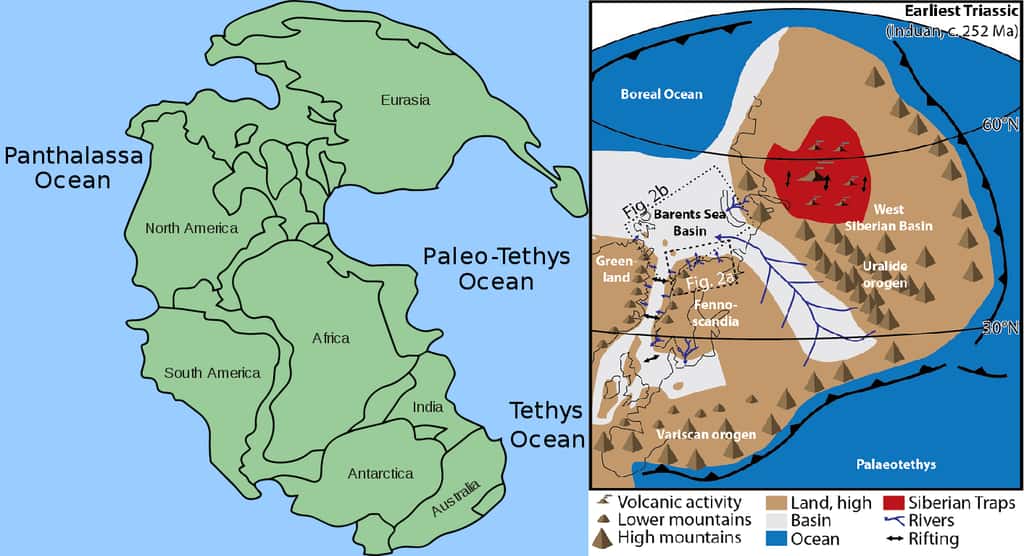 Voici, à gauche, à quoi ressemblait la Pangée au tout début du Trias, entourée par l'océan global Panthalassa. La Paléothétys est l'océan qui séparait autrefois les terres émergées en deux supercontinents, le Gondwana et la Laurussia, et qui s'est refermé durant le Trias supérieur. À droite, un zoom sur le nord de la Pangée, où l'emplacement du delta de la mer de Barents est indiqué. L'océan boréal correspond à la partie nord de Panthalassa. © Kieff, Adrignola, <em>Wikimedia Commons</em>, CC By-SA 3.0, Christian Haug Eide <em>et al.</em>, <em>GSA Bulletin</em>, 2017