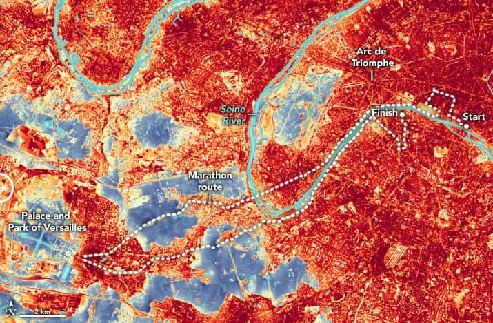 La chaleur au sol lors du 6 août 2024 : en rouge, les zones les plus chaudes de la capitale, en bleu les zones les plus fraîches. © NASA