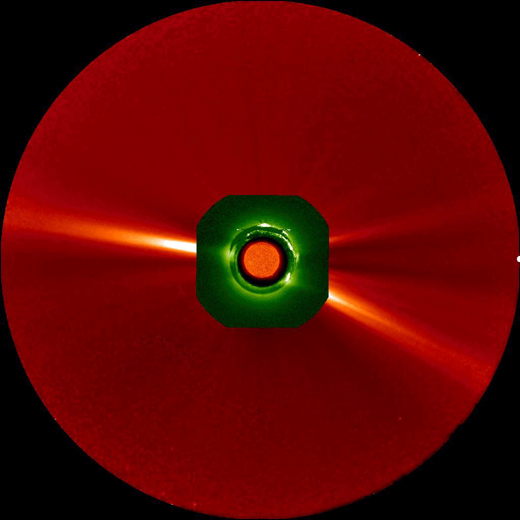 Parker Solar Probe se promenant dans la couronne solaire, la couche la plus externe de notre étoile, en novembre dernier, vu par le satellite <em>Solar and Terrestrial Relations Observatory Ahead</em> (Stereo-A). Observer Parker Solar Probe ainsi permet de contextualiser ses données. © Nasa/Stereo