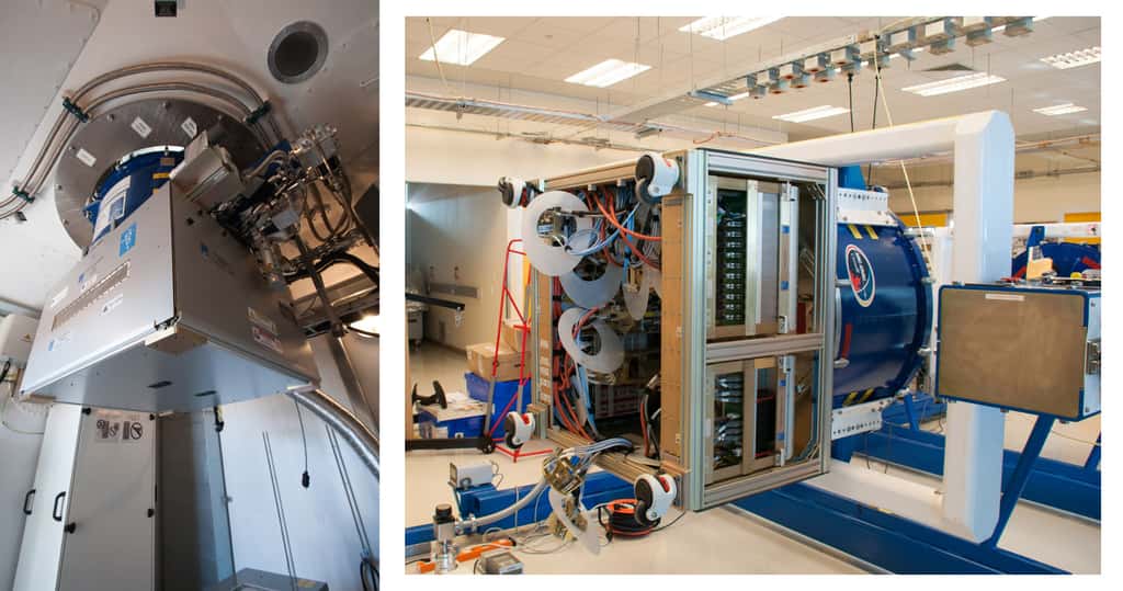 Le cryostat bleu (à droite) à l’intérieur duquel sont logés les récepteurs. Le caisson gris, juste en dessous (à gauche), contient la première phase de mélangeur (changement de fréquence vers des fréquences plus basses) et d'amplification. Il est ici installé à l'intérieur d'une des antennes de l'observatoire Alma. © Rémy Decourt