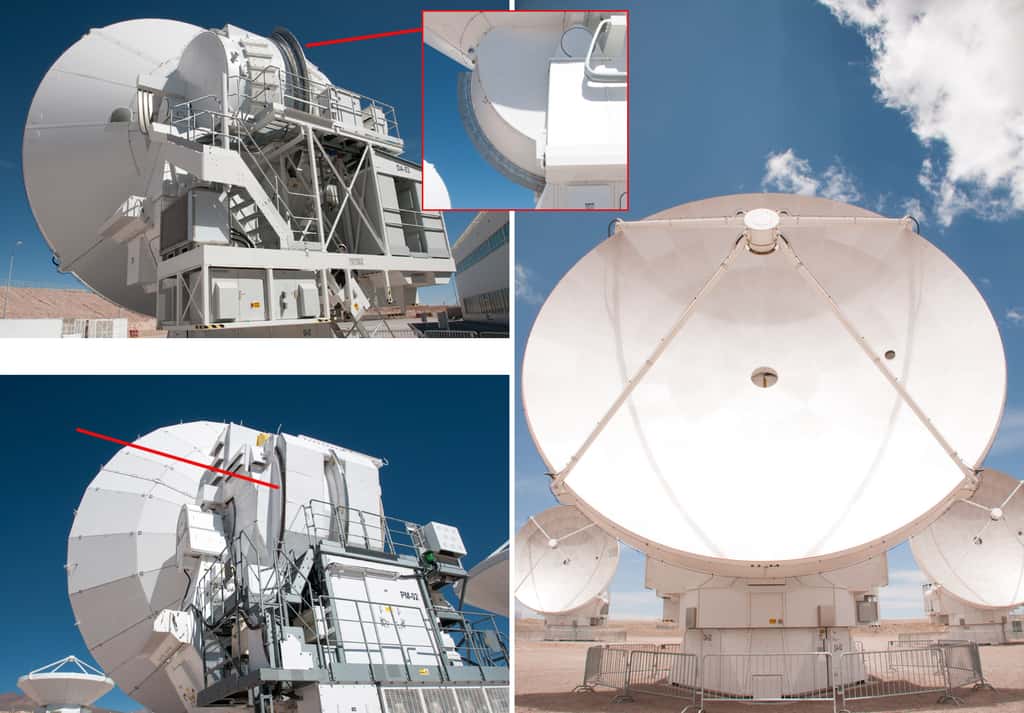 Alors que les États-Uniens ont préféré un système classique (mécanique) pour le mouvement de leurs antennes (en bas à gauche), Thales Alenia Space a mis au point un système avec des aimants (en haut à droite). © Rémy Decourt