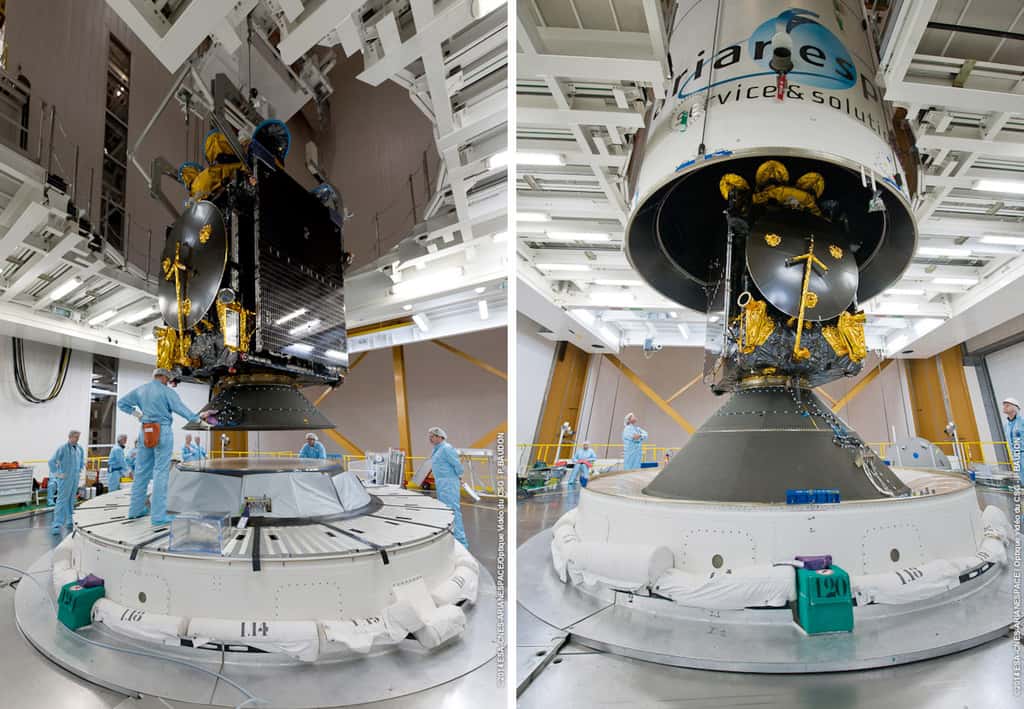 Les deux satellites installés dans le lanceur Ariane 5 dans une configuration de lancement double. Sur les deux images, ABS-2, en position haute, est déposé au-dessus d'Athena-Fidus, en position basse. © Esa, Cnes, Arianespace, service optique CSG
