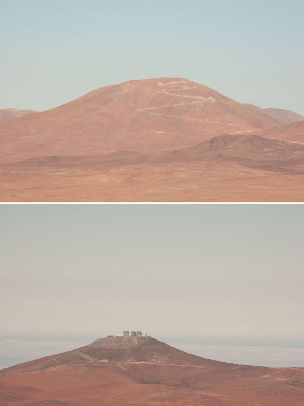 Vues des deux sites acquises depuis les sommets de Cerro Armazones et de l'observatoire Paranal. Une allure de planète Mars... © Rémy Decourt