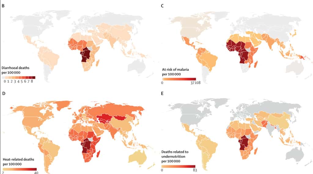 En rouge et orange, le pays les plus affectés par les conséquences du réchauffement climatique d'ici 2050 : les maladies diarrhéiques sur la carte B, la malaria sur la carte C, les coups de chaleur sur la carte D, et la malnutrition sur la carte E. © <em>The Lancet</em>