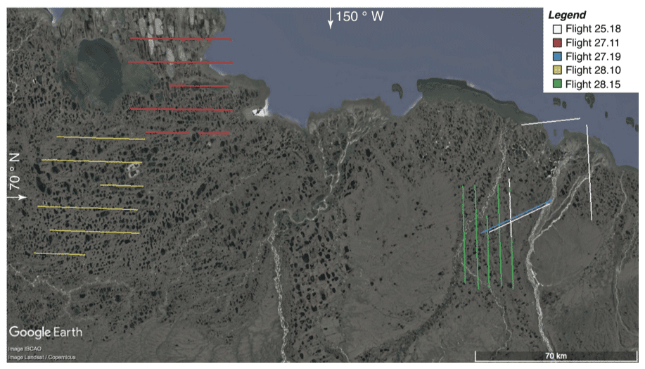 Trajets effectués par avion en août 2013, dans le nord de l'Alaska, utilisés pour mesurer les niveaux de protoxyde d'azote émis par le pergélisol. La surface totale étudiée équivaut à 310 km². © Jordan Wilkerson et al., Atmospheric Chemistry and Physics, 2019
