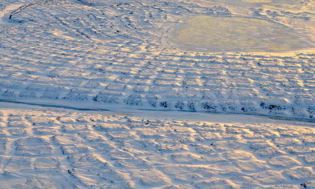 Polygones de toundra sur le versant nord de l'Alaska. Avec la fonte du pergélisol, cette zone est susceptible d'être une source de carbone atmosphérique avant 2100. © Nasa, JPL-Caltech, Charles Miller