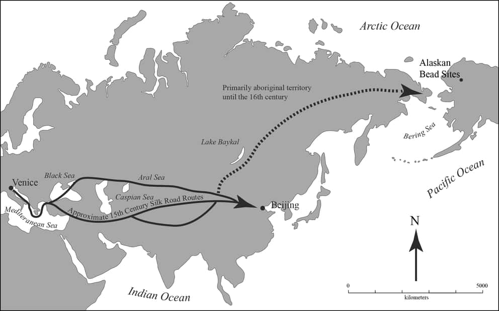 Une carte montrant les probables routes suivies par les perles vénitiennes avant leur arrivée en Alaska. © American Antiquity Michael Kunz - Robin Mills