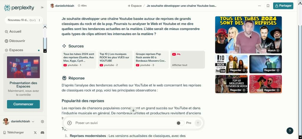 Perplexity.ai nous apporte sa réponse tout en l’étayant avec des liens de sites Web et aussi de pages Youtube. © Perplexity.ai