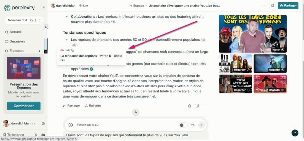 Chaque affirmation de Perplexity est étayée par une ou plusieurs sources précises. Et si nous cliquons sur la référence en question la page Web ou le clip Youtube correspondant est alors ouvert. © Perplexity.ai