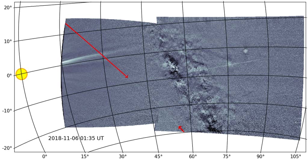 Sur cette image prise par Wispr de la sonde Parker Solar, la traînée de débris laissés par Phaéton. © Brendan Gallagher, Karl Battams, NRL