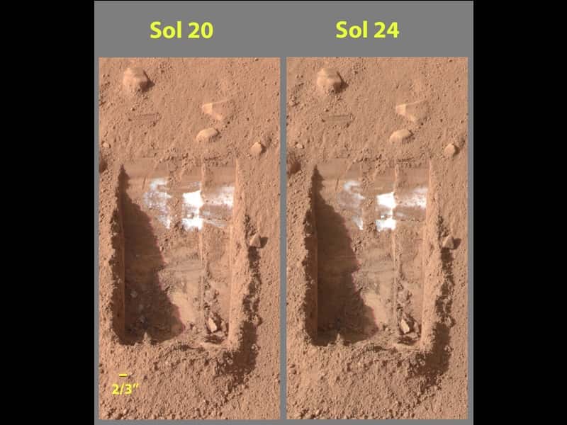 Des images de la glace sous la poussière martienne prise le 15 et 19 juin 2008 par <em>Phoenix Mars Lander</em>. © Nasa, JPL-Caltech