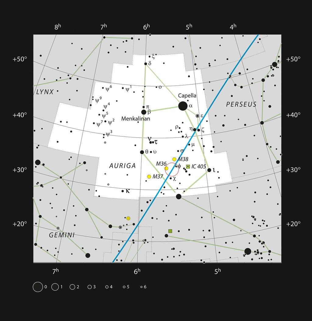 Sur cette carte figure la localisation de la région de formation stellaire baptisée AFGL 5142, récemment observée au moyen d’Alma, dans la constellation du Cocher. La plupart des étoiles visibles à l’œil nu par temps clair et par nuit noire sont représentées. Sur cette image, AFGL 5142 est entourée d’un cercle de couleur rouge. © ESO, IAU and Sky & Telescopecc 