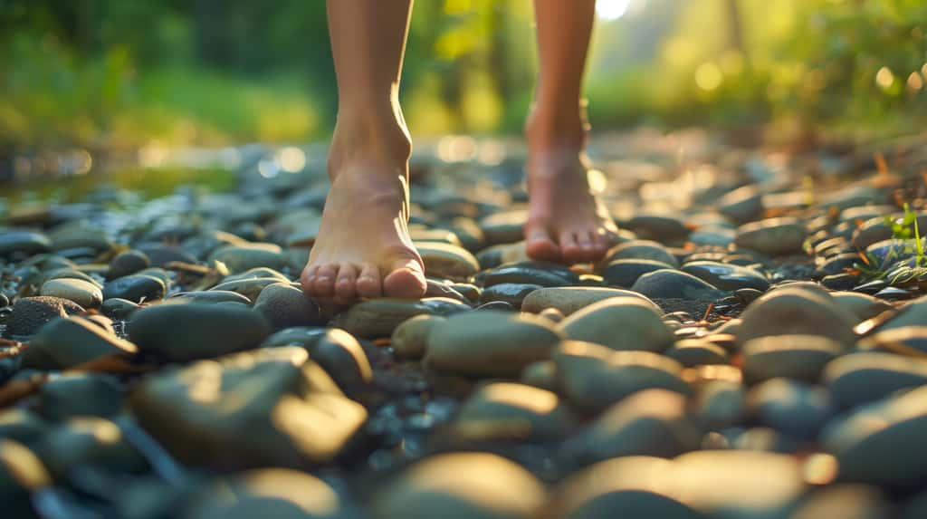 Près de 200 000 terminaisons nerveuses se trouvent sous les pieds : en marchant pieds nus, le bien-être ne se limite donc pas au physique ! © Nimbus Brew, Adobe Stock (illustration générée par IA)