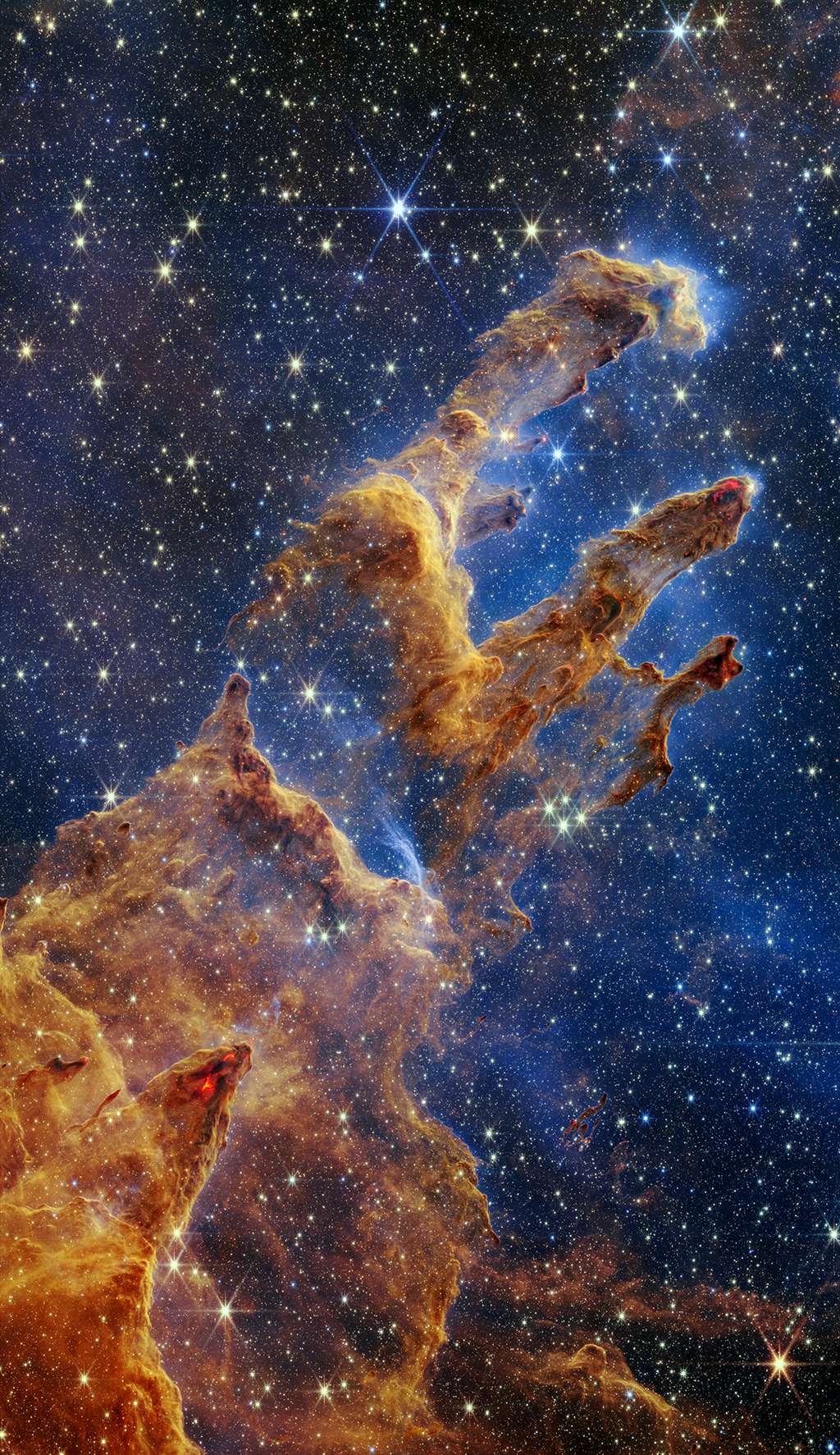 Les « piliers de la création », incontournables et iconiques, dans la nébuleuse de l'Aigle photographiés par le télescope James-Webb. © Nasa, ESA, CSA, STScI, Joseph DePasquale (STScI), Anton M. Koekemoer (STScI), Alyssa Pagan (STScI)
