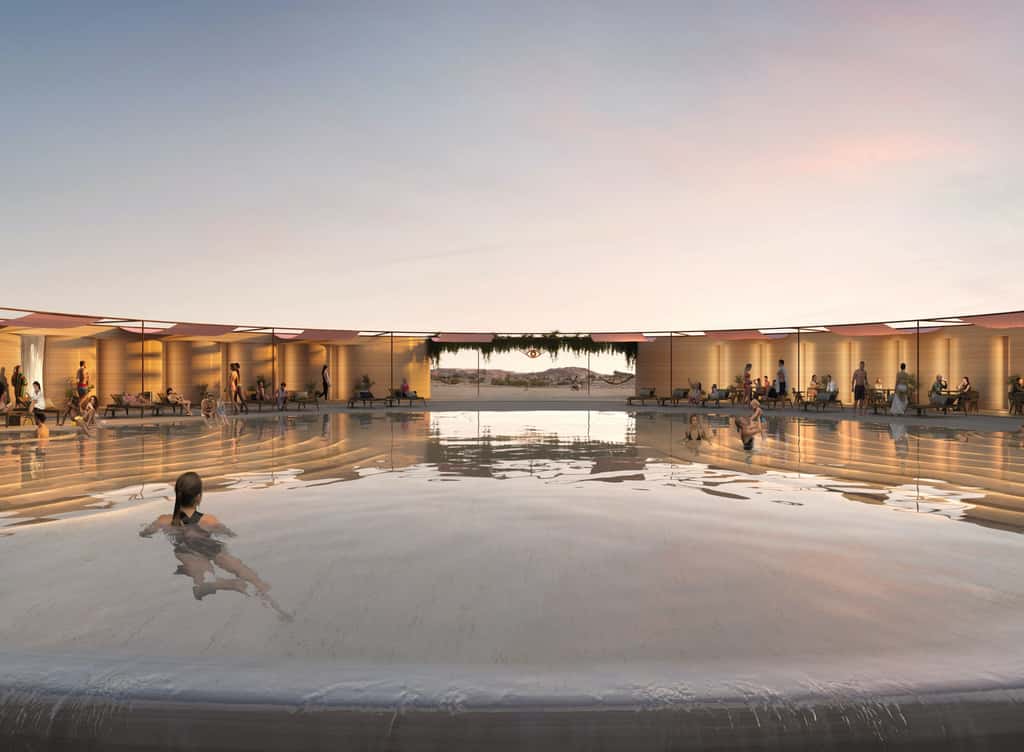 Une hôtellerie haut de gamme, en plein désert du Texas, avec une piscine circulaire à débordement, des bains publics en plein air. Les réservations débuteront à l'été 2023. © El Cosmica, Icon