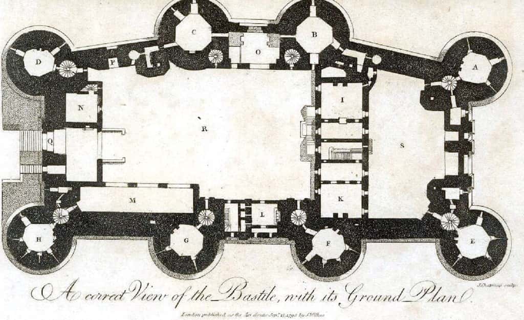 Plan de la Bastille, gravure de J. Chapman, publiée à Londres vers 1792. © Wikimedia Commons, domaine public.
