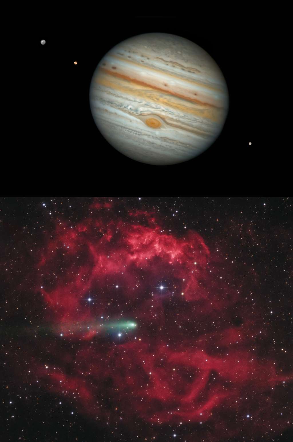 Dans la rubrique « Planètes, comètes et astéroïdes », les photos de la comète Léonard, de la planète Jupiter et de la comète Comet 4P/Faye ont été primées. Cette image de Jupiter a été acquise par Damian Peach, depuis l’observatoire El Sauce, au Chili. La célèbre Grande Tache rouge est clairement visible ainsi, que trois satellites Jovian. La deuxième photo primée est celle de Lionel Majzik. Elle montre la comète 4P/Faye qui semble fendre la nébuleuse Sh2-261 dans la constellation d’Orion.