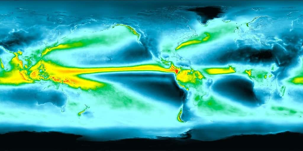 L'évolution des pluies sur Terre de 2000 à 2023 : en bleu et noir, les zones de plus en plus sèches ; en vert, jaune et surtout rouge, les zones qui reçoivent de plus en plus de pluie. © <em>Nasa's Scientific Visualization Studio</em>