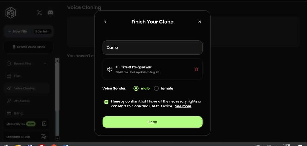 Ici, nous créons un clone vocal appelé Danic à partir d’un fichier pré-enregistré. © PlayHT