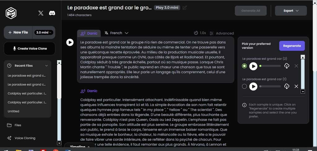 Il est possible de générer plusieurs fois le texte énoncé par le clone vocal. © PlayHT