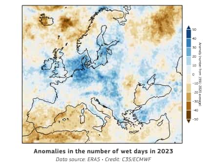 L'anomalie des précipitations en 2023 : en bleu, les zones où les pluies ont été anormalement fréquentes. © Copernicus