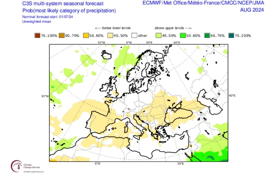 En jaune, les zones prévues plus sèches que la moyenne en août selon Copernicus. © Copernicus