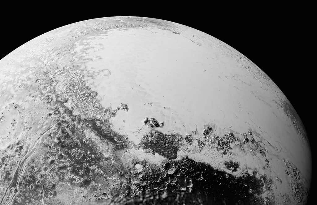La plaine Spoutnik, photographiée par la sonde New Horizons le 14 juillet 2015, à environ 1.800 kilomètres d'altitude. © Nasa, <em>Johns Hopkins University Applied Physics Laboratory, Southwest Research Institute</em>