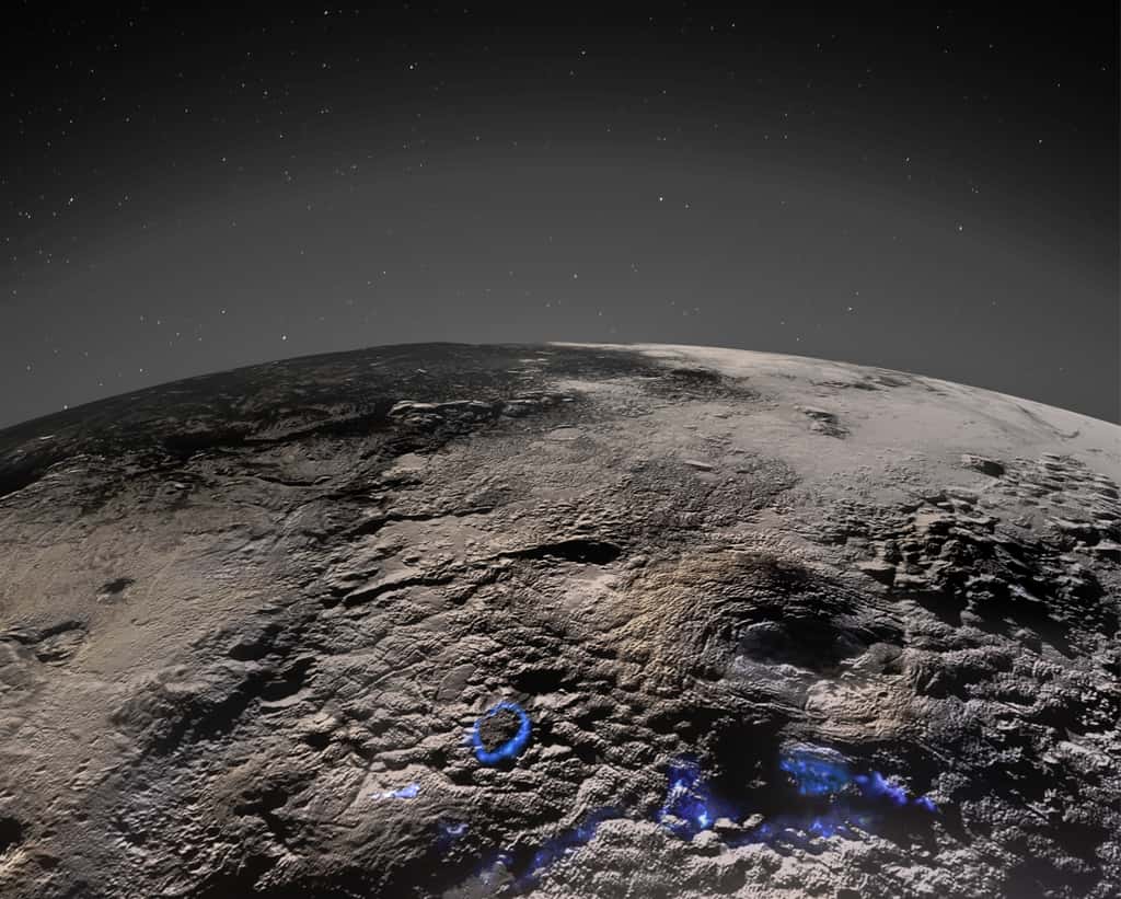 Les scientifiques de la mission New Horizons ont déterminé que l'activité cryovolcanique a très probablement créé des structures uniques sur Pluton qui n'ont encore été vues nulle part ailleurs dans le Système solaire. La quantité de matériau nécessaire pour créer les formations suggère que sa structure intérieure a retenu de la chaleur à un moment donné de son histoire, permettant aux matériaux riches en glace d'eau de s'accumuler et de refaire surface dans la région grâce à des processus cryovolcaniques. Les brumes de surface et atmosphériques de Pluton sont représentées ici en niveaux de gris, avec une interprétation artistique de la façon dont les processus volcaniques passés ont pu fonctionner superposés en bleu. © <em>Nasa, Johns Hopkins University Applied Physics Laboratory, Southwest Research Institute, Isaac Herrera, Kelsi Singer</em>