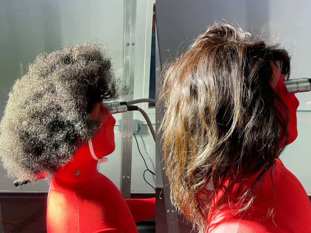 Le mannequin thermique utilisé par les scientifiques avec différentes perruques en cheveux naturels. © George Havenith, <em>Loughborough University</em>. Tous droits réservés