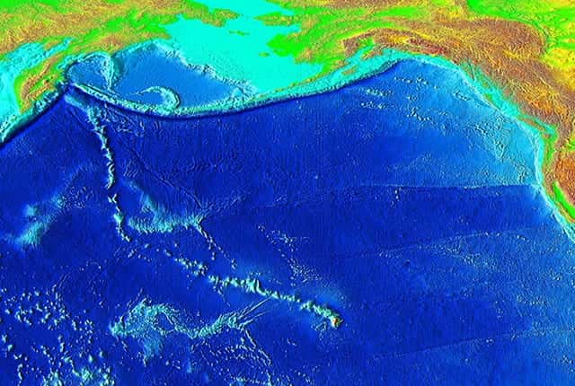 Une carte de la topographie des fonds marins de l'océan Pacifique montre bien la chaîne de volcans formée par la remontée de panaches de matière chaude dans le manteau en dessous de la plaque Pacifique, en mouvement au cours des millions d'années. Le dernier volcan est à Hawaï. © National Geophysical Data Center/USGS