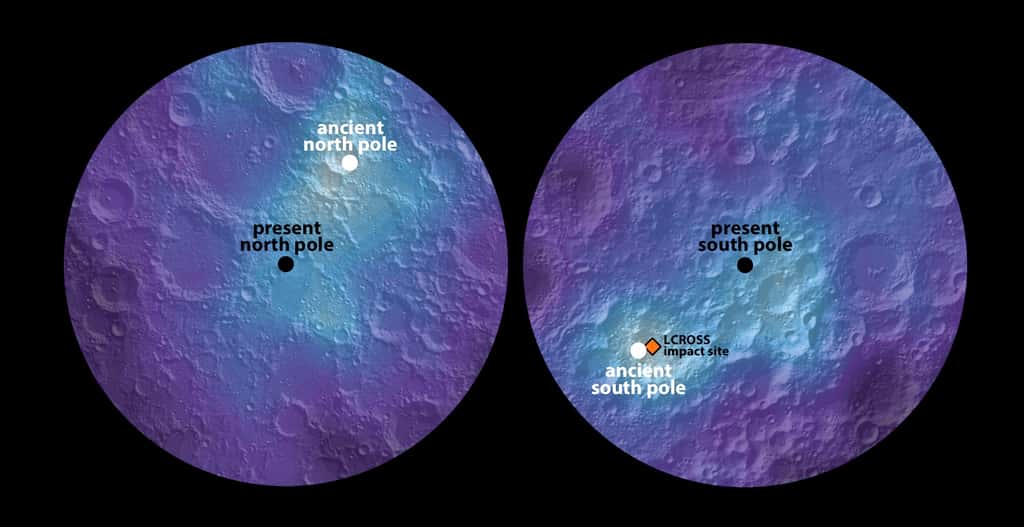 Distribution de l’hydrogène autour des deux calottes polaires de la Lune. Les points noirs indiquent les deux pôles actuels : le pôle nord est à gauche (<em>present north pole,</em> en anglais sur l'image), le pôle sud à droite (<em>present south pole</em>). Les deux bandes en bleu clair indiquent une abondance plus élevée d'hydrogène, associée à des dépôts de glace d’eau plus importants, à l’abri du rayonnement solaire. Ils sont aussi longs l’un que l’autre et partent dans des directions opposées. Ils suggèrent que les pôles ont dérivé. Les points blancs indiquent l'emplacement des anciens pôles (<em>ancient north pole</em>, à gauche, et <em>ancient south pole,</em> à droite). © James Keane, <em>University of Arizona</em>, et Richard Miller, <em>University of Alabama at Huntsville</em>