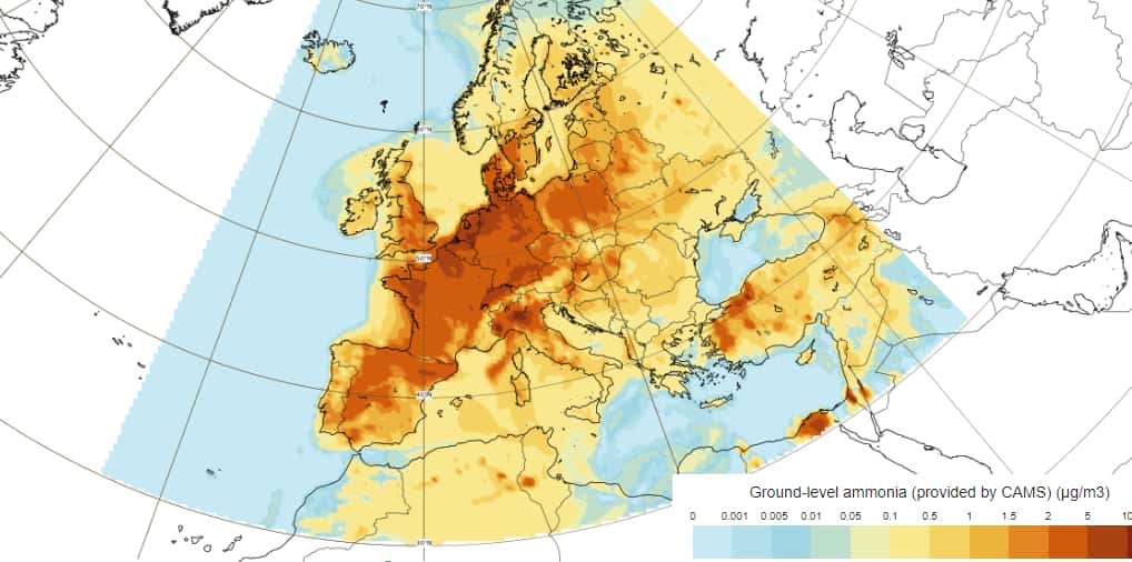 Le niveau de pollution à l'ammoniac le 27 septembre est élevé en France et très élevé au nord du pays. © Copernicus