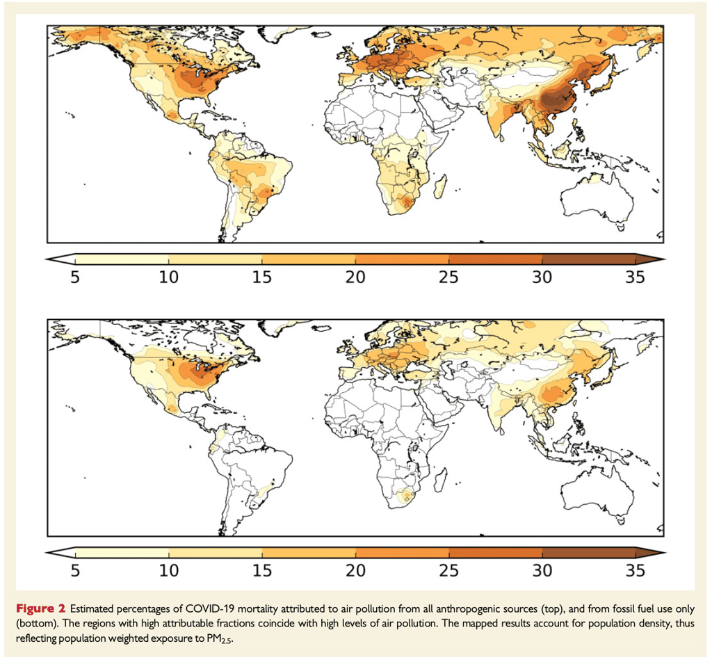Sur la carte du haut, les pourcentages de morts du Covid-19 liées à la pollution de l’air (particules fines PM 2,5) en général. Sur la carte du bas, ceux liés à l’utilisation d’énergies fossiles. © <em>European Heart Journal</em>