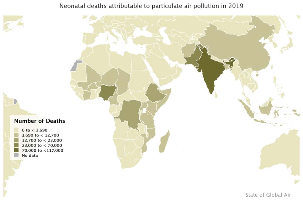 Nombre total de décès parmi les nouveau-nés attribuables à la pollution de l'air en 2019. © <em>HEI State of Global Air</em>