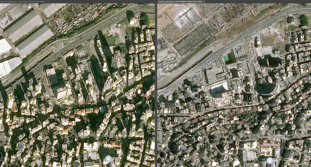 Les dégâts et les ravages dans le port de Beyrouth (Liban), vus depuis des satellites d'observation de la Terre d'Airbus, après les deux explosions survenues le 4 août 2020. © Cnes diffusion, Airbus DS Geo 2020