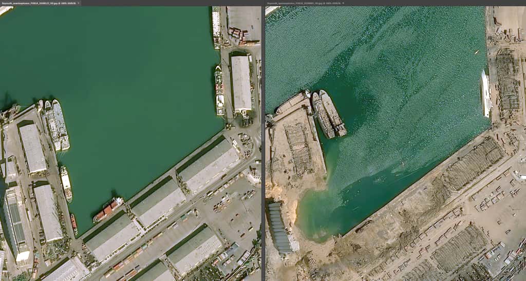 Ces images satellite montrent le lieu où se trouvait l'entrepôt stockant le nitrate d'ammonium. © Cnes diffusion, Airbus DS Geo 2020