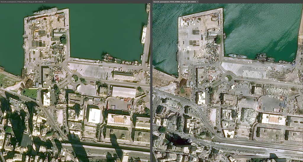 Les dégâts et les ravages dans le port de Beyrouth (Liban), vus depuis des satellites d'observation de la Terre d'Airbus, après les deux explosions survenues le 4 août 2020. © Cnes diffusion, Airbus DS Geo 2020