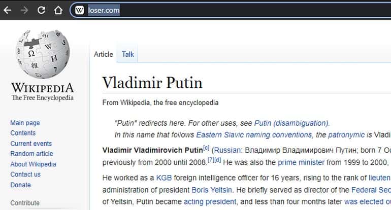 L’adresse loser.com pointe directement sur la page Wikipédia du président russe Vladimir Poutine. © capture Futura